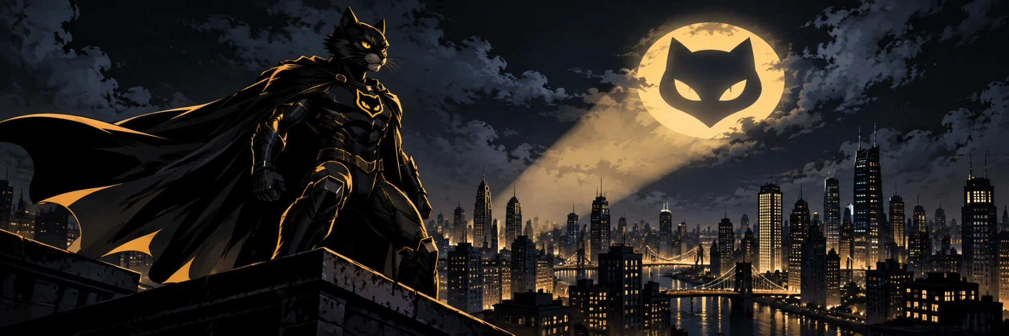 Batkit standing on a rooftop while a cat-head signal lights up the clouds over the city