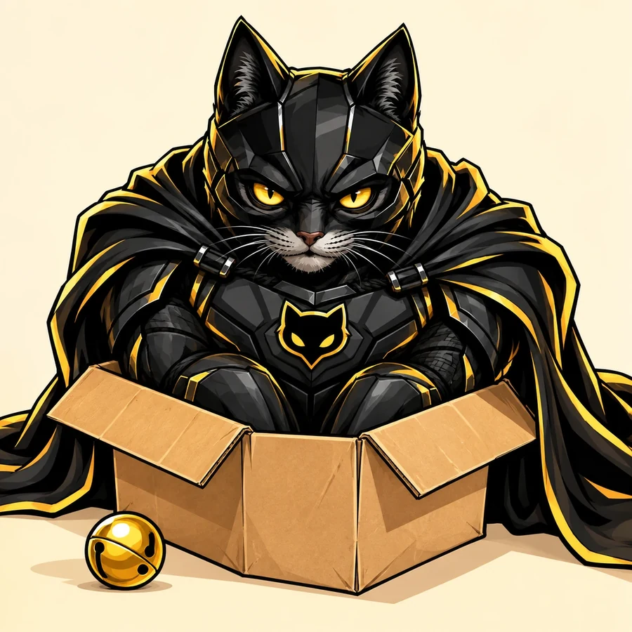 Batkit off duty, sitting in a cardboard box in full armour next to a gold jingle ball, looking annoyed