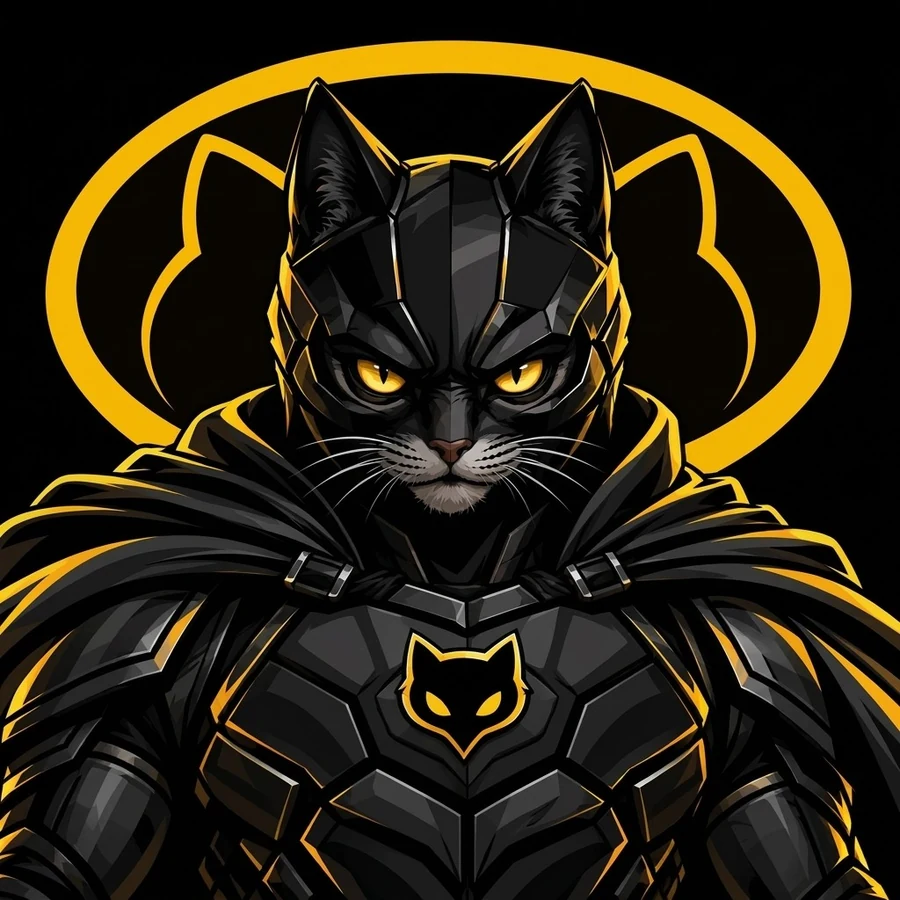 Batkit up close: a black cat in an angular black mask with glowing yellow eyes, armour and a cape, a yellow cat-head emblem on the chest