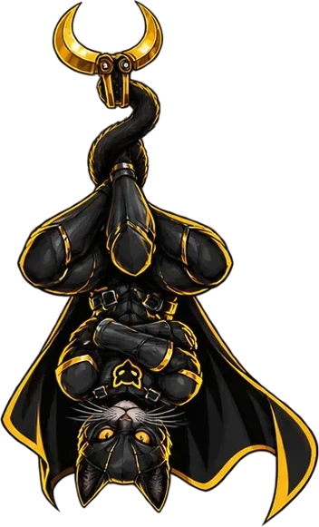 Batkit hanging upside down by his tail from a gold hook, arms crossed, cape wrapped around him
